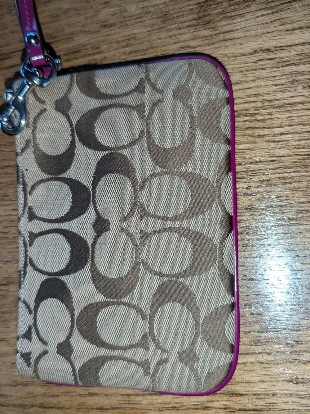 Coach Signature Canvas Wristlet in Tan with Pink Trim